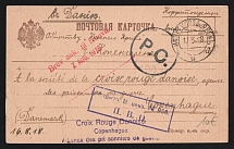 1918 Petrograd Censorship, WWI Censored POW postcard from Isyangulovo to Denmark with blue boxed censor handstamp 'Opened by censor 958' and Denmark cs