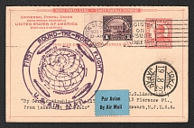 1929 (7 Aug) United States, Graf Zeppelin airship airmail postcard (for reply) from New York to Newark, 1st Round the World flight 'Lakehurst - Tokyo' (Sieger 28 B, CV $150)