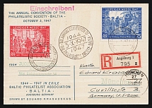 1947 (5 Oct) Augsburg - Munich, The Annual Convention of the Philatelistic Society - Baltia, Baltic DP Camp, Displaced Persons Camp, Allied Zone of Occupation, Registered Postcard franked with Mi. 965, 966 (Germany) (Commemorative Cansellation, CV $120)