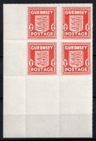 1943 1d Guernsey, German Occupation, Germany, Block of Four (Mi. 2 c var, Cinnabar Color, Variety of Paper, Corner Margin, MNH)
