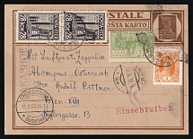 1930 Russia USSR Zeppelin Post LZ 127 Moscow registered 7k PS stationery card uprated pair 28k Industrialization + 2k 1st Cavalry Army + 1k Worker via Friedrichshafen (Bodensee) to Vienna Wien Austria Air Mail