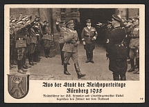 1935 'From the city of the Nazi Party Rallies Nuremberg 1935. Reich Leader of the SS Himmler and Mayor Liebel greet the fuhrer in front of the town hall', Propaganda Postcard, Third Reich Nazi Germany