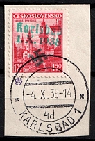 1938 1.5k Occupation of Karlsbad Sudetenland, Germany (Mi. 11, Karlsbad Postmark, CV $230)