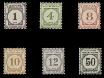 British Commonwealth - Malayan Postal Union - Postage Due stamps - 1936-38, Numerals, 1c-50c, complete set of six, watermark Multiple Script CA, full OG, NH, VF, C.v. $172.50++, SG #D1/6, £170 as hinged, Scott #J7-12…