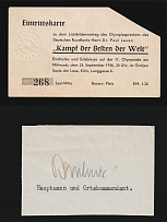 1936 Cologne, Entry Ticket To The Slide Show By the Olympic Spokesman 'Battle of World Powers', Autograph Captain and Local Commander, Nazi Germany