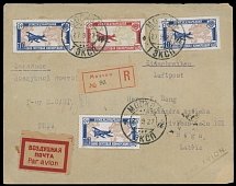 Worldwide Air Post Stamps and Postal History - Soviet Union - 1927 (September 27), Pioneer Flight registered cover from Moscow to Riga, franked by 4 stamps of the Hague Air Post Conference, one 10k with broken undercarriage …