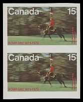 Canada - Modern Errors and Varieties - 1973, R.C.M.P. Musical Ride, 15c multicolored, vertical imperforate pair in flawless condition, full OG, NH, VF, C.v. $375, Unitrade C.v. CAD$600, Scott #614a…