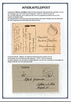 1943 Germany, German Field Post in Africa, Postcard with an official postmark from Bohemia and Moravia to Front (Majaz al Bab area), Field post № 48532 A, and cover from Front (Majaz al Bab area) to Ostheim Field post № 14715 A