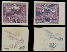 Worldwide Air Post Stamps and Postal History - Czechoslovakia - 1929, two trial Airplane surcharges 14k (brown) and 24k (blue) on imperforate Hradcany 1000h violet, large part of OG, VF and scarce, Scott #C1-2…