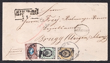 1872 (8 Dec) Cover from Tiflis (Georgia) to Brugge (Switzerland) via Volochynsk franked with 1k, 10k (1866) and 3k (1865), wax seal on the back