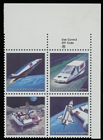 Worldwide Air Post Stamps and Postal History - United States - 1989, 20th UPU Congress, Futuristic Mail Delivery, 45c multicolored, top right corner sheet margin se-tenant block of four with ZIP imprint, light blue (engraved) …