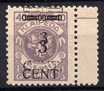 1923 3c on 40m Memel (Klaipeda), Germany (Mi. 178 I DD II, DOUBLE Overprint, Certificate, Margin, CV $60)