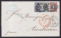 1869 (23 Apr) Cover from Saint Petersburg to Amsterdam (Netherlands) franked with 3k, 5k, 10k (Sc. 13, 14, 16 - all 1865 year issue) tied by 'S.P.B.' town post dotted handstamp in oval