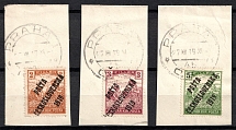1919 on pieces, Czechoslovakia (Mi. 120 - 122, Prague Postmarks)