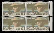 United States - Modern Errors and Varieties - 1975, D.W. Griffith, 10c multicolored, brown (engraved) color omitted, right sheet margin block of four, full OG, NH, VF, C.v. $1,000 as four singles, Scott #1555a…