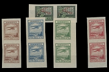 Worldwide Air Post Stamps and Postal History - Soviet Union - 1922-23, red Airplane overprint on 45r green and black, Fokker F.III, 1r-10r, unissued complete set of four, all are in horizontal or vertical pairs, full OG, NH, VF, …