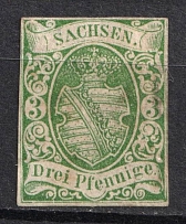 1851-63 3pf Saxony, German States, Germany (Mi. 2 II, CV $100)