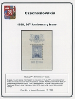 The One Man Collection of Czechoslovakia - 20th Anniversary of Independence - EXHIBITION STYLE COLLECTION: 1938, 47 mostly mint stamps and 6 souvenir sheets, 16 positional singles, pairs or blocks, 1 large die proof and 2 …