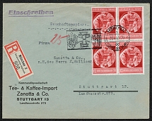 1940 Registered cover with Block of four franked and Special postmark Fuehrer's birthday