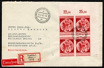 1940 Registered cover franked with a block of four of Sc B203 with control number tabs