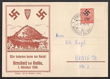 1938 (Oct 1) Postcard commemorating the liberation ARNSDORF (Arnultowice), Stamp with local overprint, Addressed by AUSSIG, Immovable postmark, Occupation of Sudetenland, Germany