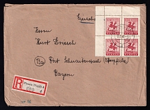 1946 (2 Feb) Plauen, Germany Local Post, Registered Cover to Bayern (Mi. 5 Corner Block of Four, High CV)