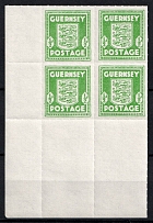 1943 0.5d Guernsey, German Occupation, Germany, Block of Four (Mi. 1 g var, Dark Yellow Green Color, Variety of Paper, Corner Margin, MNH)