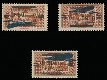 Worldwide Air Post Stamps and Postal History - Lebanon - 1929-30, blue surcharge 50c on 75c brown orange, three stamps with varieties: Airplane inverted, French and …