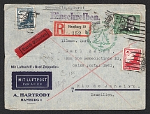 1934 (7 Dec) Germany, Graf Zeppelin airship Registered airmail cover from Hamburg to Rio de Janeiro (Brazil), Flight to South America, Christmas 1934 'Friedrichshafen - Rio de Janeiro' (Sieger 286 Abb, CV $200)