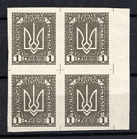 1920 1Г Ukrainian Peoples Republic, Ukraine (IMPERFORATED, CV $280, Block of Four with Field, Signed, MNH)