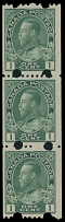 Canada - King George V ''Admiral'' issue - 1918, 1c green, vertical strip of three Toronto experimental coil stamps with two large holes on common horizontal perforation 12, full OG, NH, VF, Unitrade #131iv, C.v. CAD$450, Scott …