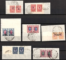 1918 Kiev (Kyiv) Types 1, 2 on pieces, Ukrainian Tridents, Ukraine, Pairs (Gomel Mogilev Postmarks)