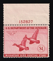 1943 $1 Duck Hunt Permit Stamp, United States (Sc. RW-10, Plate Number, CV $120, MNH)