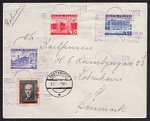 1936 Poland Balloon Airmail Cover from Warsaw to Copenhagen (Denmark), franked with Mi. 301, 302, 313, 314, Postage due Mi. 83 (International Balloon Competition Special cancellation)