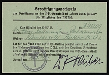 1935 Proof of Entitlement to Participate in the NS Community 'Strength Through Joy',  German Reich, Germany
