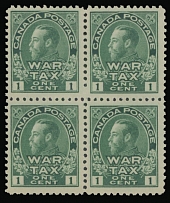 Canada - War Tax stamps - 1915, King George V, ''War Tax'' inscription, 1c green, block of four, perfect centering, full OG, NH, VF, C.v. $330++, Unitrade C.v. CAD$480 as singles, Scott #MR1…