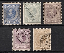 1872-88 Netherlands (Mi. 19 D, 22 G, 26 F, 26 D, 27 G, Canceled, CV $30)