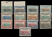 Uruguay - 1895(c), View of Montevideo Bay, group of 13 imperforate two-color essays of 1p in various color combinations, engraved and printed on thin cardboard by South America Bank Note Co., nice margins around, fresh and VF, …
