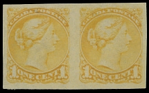 Canada - Small Queen issue - 1873-74, 1c lemon yellow, horizontal imperforate pair, large margins all around and strong color, no gum as produced, NH, VF, C.v. $425, Unitrade C.v. CAD$600, Scott #35a…