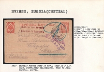 1917 Russian Postal Card (3 Kop.) used as P.O.W. Card, postmarked Selizharova, Tver to Saaz, Bohemia, Austria. DVINSK Censorship: violet 3 line marking (32 mm/43 mm/19 mm) reading