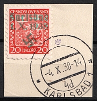 1938 20h Occupation of Karlsbad Sudetenland, Germany (Mi. 3 A, Signed, Karlsbad Postmark)