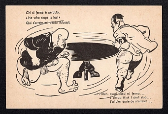 'He Who Hesitates is Lost...', WWII Italy, Anti-Facism Propaganda, Hitler Mussolini Caricatures, Postcard, Mint