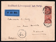 1924 Great Britain, First Flight Belfast - Liverpool, Airmail cover, Belfast - Namur franked by Mi. 2x 156