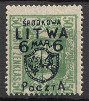 1920 Central Lithuania 6 M (CV $60, Signed)