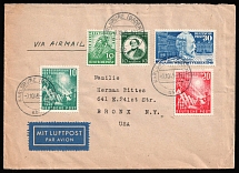 1949 (9 Oct) German Federal Republic, French Zone of Occupation, British and American Zones of Occupation, Germany, Airmail Cover from Karlsruhe to New York franked with Mi. 53, 106 and with full sets of Mi. 111 - 112 and 116 (CV $260)