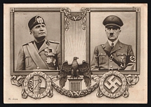 1938 (23-24 June) 'Benito Mussolini, Leader and Reich Chancellor Adolf Hitler, Imperial Eagle, State Meeting in Rome', Nazi Fascist Italy, Third Reich Propaganda, Commemorative Postmark 'Fuhrer DVX' Postcard from Rome to Kiel