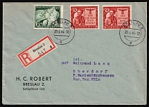 1944 (20 Mar) Third Reich, Germany, Registered cover from Wroclaw (Poland) to Cologne (Germany) franked with Mi. 863, 843 (CV $240)