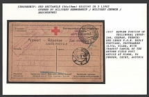 1917 Return Portion of Trilingual (Russian, German, French) Red Cross P.O.W. Reply Postcard, postmarked Iliya, Vilna, with Transit Cancel of Thereturn Field Post Office at Minsk, to Prosen, Cechy, Austria. Censorship: red rectangle (56 x 18 mm) reading in