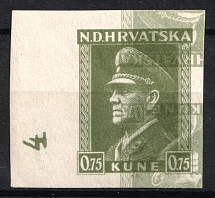 1943-44 0.75k Croatia, NDH (Double Inverted Printing, Control Number, IMPERFORATE, Cardboard Paper, Mi. 130 U, MNH)