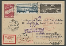 Worldwide Air Post Stamps and Postal History - Soviet Union - Zeppelin Flights - 1932 (August 29 - September 1), 5th SAF postcard to Brazil, franked by three Airships adhesives, cancelled Moscow on August 22, Berlin transit and …